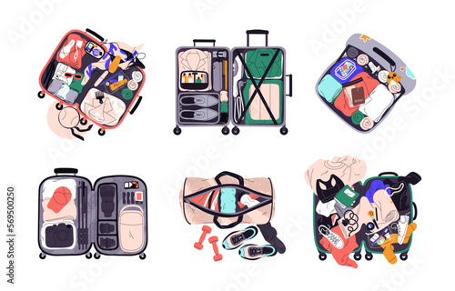 Travel suitcases set. Luggage, hand baggage stuffed with clothes, holiday and business accessories. Open tourists bag full of packed items. Flat vector illustrations isolated on white background