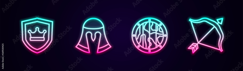 Set line Shield with crown, Medieval helmet, Round wooden shield and bow and arrow. Glowing neon icon. Vector Set line Shield with crown, Medieval helmet, Round wooden shield and bow and arrow. Glowing neon icon. Vector