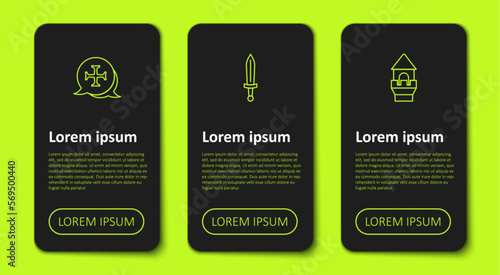 Set line Crusade, Medieval sword and Castle tower. Business infographic template. Vector