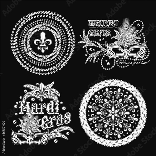 Set of 4 black and white labels with text for carnival Mardi Gras decoration in vintage style on black background. For prints, clothing, t shirt, holiday goods, stuff, surface design.