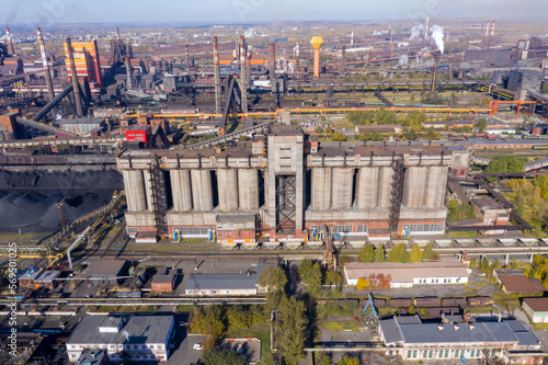 Panorama of metallurgical plant and an industrial zone. View from above. Coke batteries