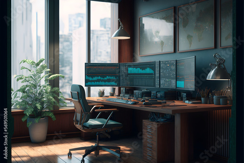 Stock Traders Modern Interior Office Workspace for the business of trading investment finance, Stock Exchange Trading Screens, Professional Traders of Stocks and Crypto Markets, generative ai jpeg 38