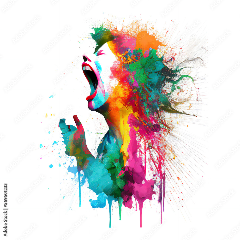 Viso di cantante donna in primo piano tra spruzzi di vernice colorata su uno sfondo bianco. Realizzato con intelligenza artificiale generativa.