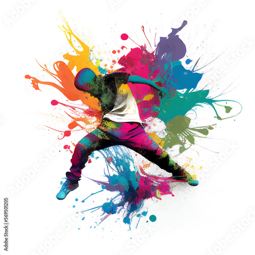 Ballerino di break dance che esce da macchie multicolore in secondo piano. Realizzato con intelligenza artificiale generativa