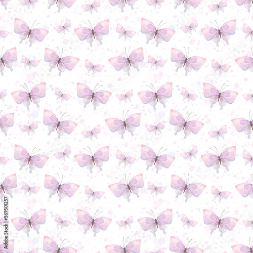 Delicate lilac butterflies with splashes of paint on a white background. Watercolor illustration. Seamless pattern from the collection of CATS AND BUTTERFLIES. For fabric  wallpaper  packaging.