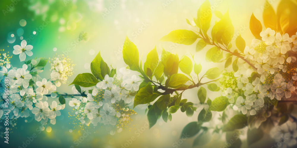 Obraz premium Beautiful spring banner, blooming apple bush. Flowering cherry against the blue sky. Soft selective focus. Ai generative. 