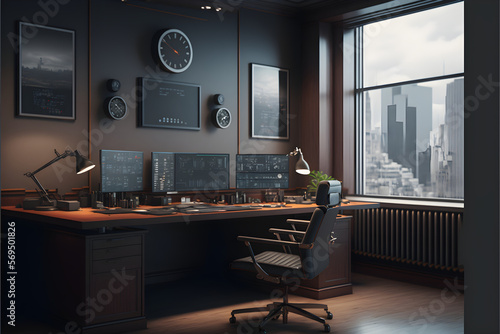 Stock Traders Modern Interior Office Workspace for the business of trading investment finance, Stock Exchange Trading Screens, Professional Traders of Stocks and Crypto Markets, generative ai jpeg 3