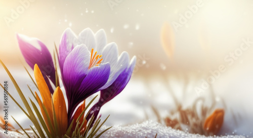 Snowdrop flowers (Crocus) growing out of the snow. Spring is coming, Ai generative