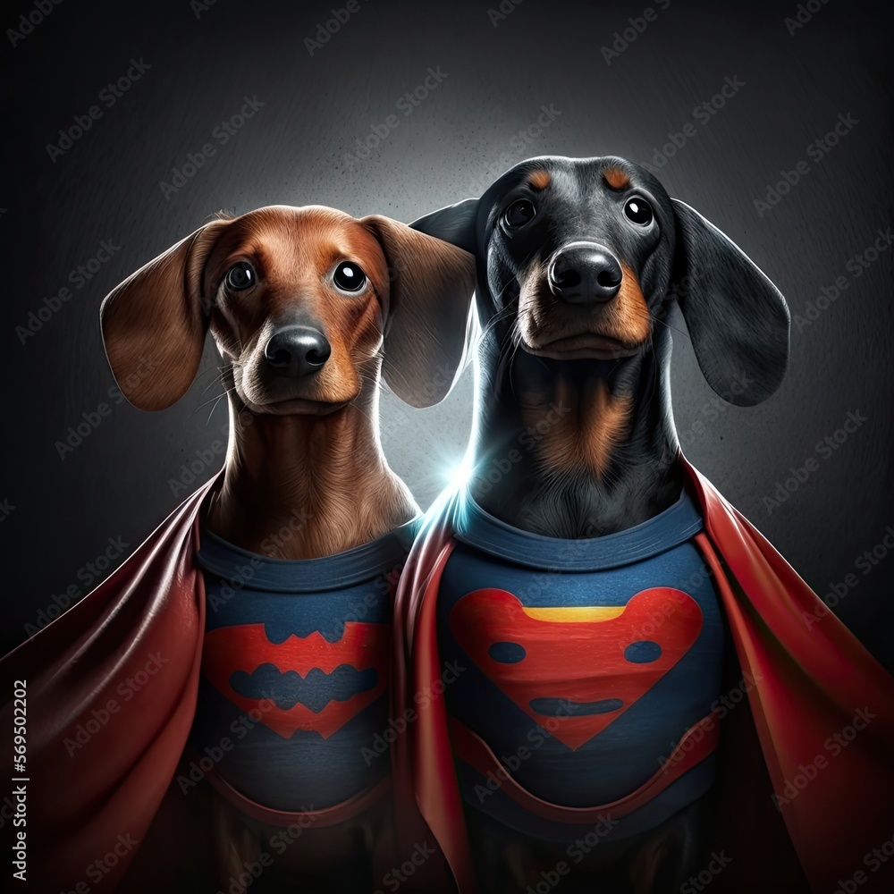 Sausage Dogs Superhero. Black and brown super dog on dark background. Pet