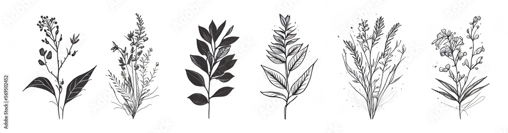 Obraz premium Minimalistic flower graphic sketch drawing, trendy tiny tattoo design, floral botanic elements minimal illustration. Generative ai.