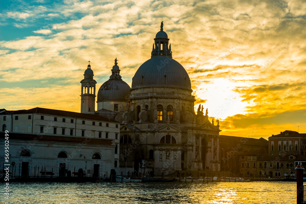 Church Santa Maria della Salute in Sunset on Grand Canal in Venice, Veneto in Italy.