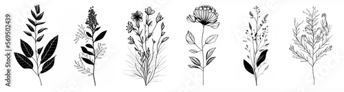 Minimalistic flower graphic sketch drawing, trendy tiny tattoo design, floral botanic elements minimal illustration. Generative ai.