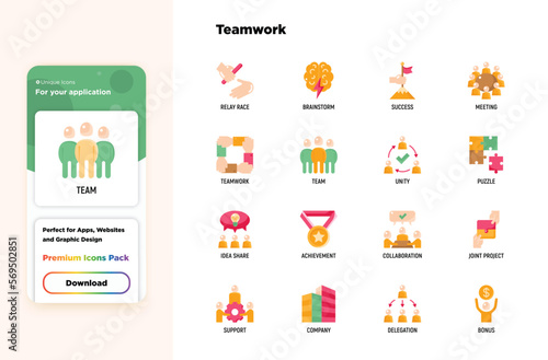 Teamwork flat icons set: relay race, brainstorm, success, meeting, idea share, collaboration, joint project, unity, support, delegation, bonus. Modern vector illustration.