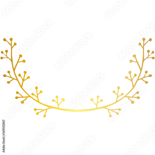 Golden frame or branch. Floral element  flourish divider or border. Gold doodle hand drawn leave or flower. Floral element for decoration of text  cards  invitation. Foil textured design element