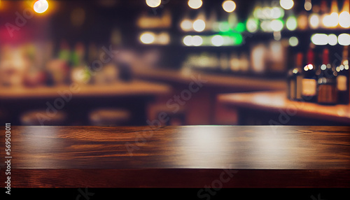 Image of wooden table in front of abstract blurred background of Bar lights. Generative Ai.