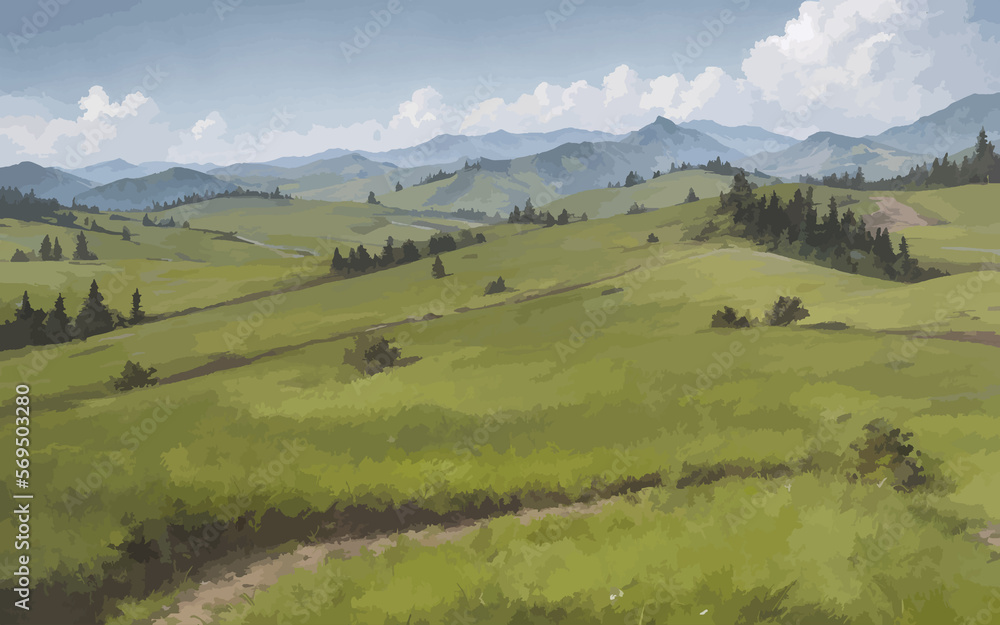 A green field with a blue sky, beautiful clouds and mountains landscape background. Generated by AI and traced. Generative AI technology.