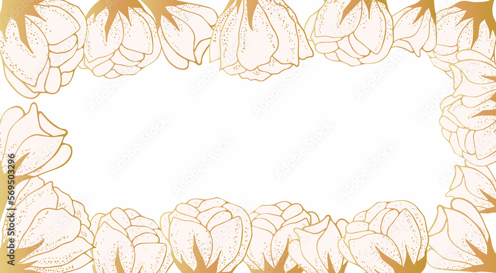 Obraz premium Golden floral art background with space for text. Luxury wallpaper on the side with white flowers, leaves and branches on the side. Hand drawing. Elegant botanical design for banner, invitation, packa