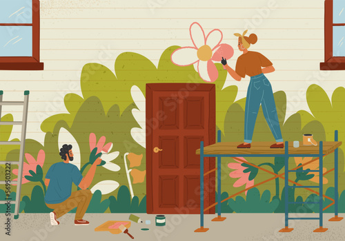 Male and female artist painting on wall vector