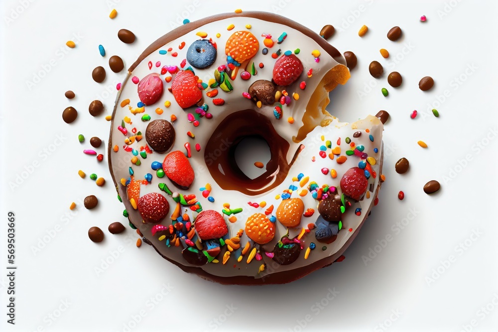 Close up donut chocolate sprinkles on white background. Ai generated