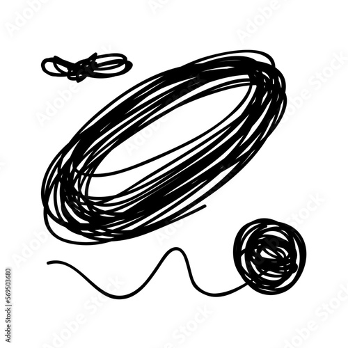 Twine for decoration. A set of silhouettes of yarn for knitting various products. Handmade material. Contour graphics for engraving. Leftover yarn. Whirlpool swirls.