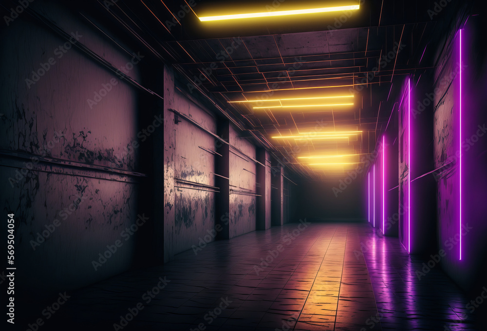 Futuristic sci-fi illuminated grunge neon glowing tunnel. Generative ai