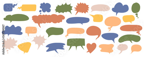 Set of different options of dialog boxes drawn by hand. Empty speech bubbles isolated on white background. Bubbles of thoughts, communication, dialogue. Flat style, pastel colors.