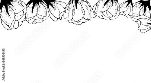 Beautiful floral art background with space for text. Luxury wallpaper on the side with white flowers, leaves and branches on the side. Hand drawing. Elegant botanical design for banner, invitation,