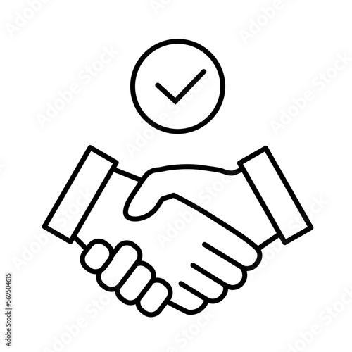 Handshake with check mark icon in flat style. Commitment thin line symbol isolated on white background. Simple abstract deal icon in black. Vector illustration for graphic design, Web, UI, mobile app.