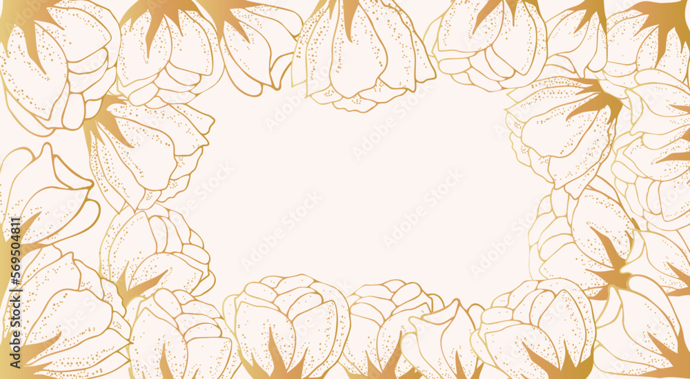 Golden floral art background with space for text. Luxury wallpaper on the side with white flowers, leaves and branches on the side. Hand drawing. Elegant botanical design for banner, invitation, Golden floral art background with space for text. Luxury wallpaper on the side with white flowers, leaves and branches on the side. Hand drawing. Elegant botanical design for banner, invitation,
