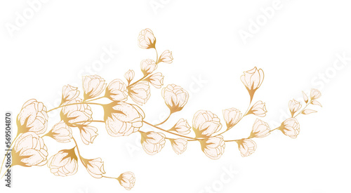 Golden floral art background with space for text. Luxury wallpaper on the side with white flowers, leaves and branches on the side. Hand drawing. Elegant botanical design for banner, invitation, 