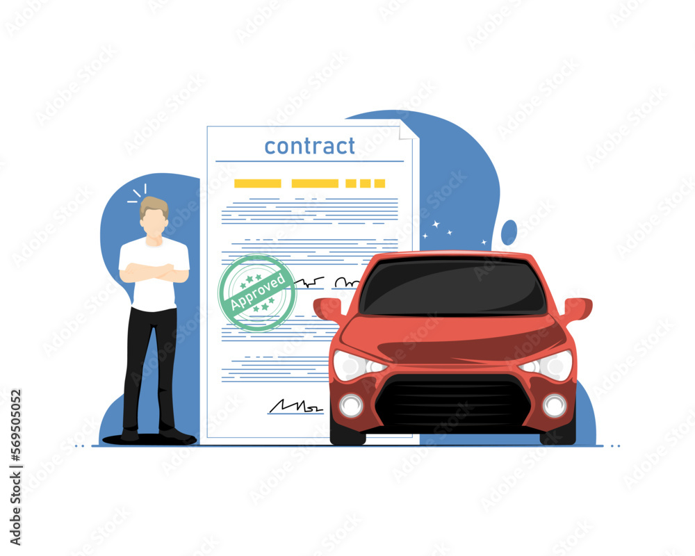 Personal car sale contract concept, Human standing with personal car documents information, Digital marketing illustration. Personal car sale contract concept, Human standing with personal car documents information, Digital marketing illustration.