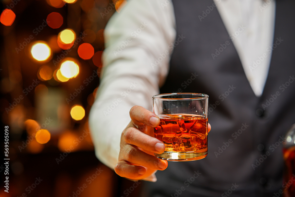 Bartender Serve Whiskey, on wood bar, Bartender Serve Whiskey, on wood bar,