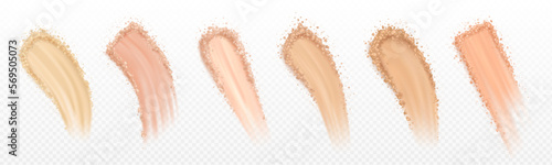 Set of vector realistic face powder smear. Isolated makeup cosmetic swatch on transparent background. Mineral foundation, stroke beauty product samples. Broken powder sample texture, skin colors