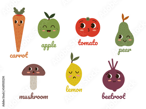 Cute design vector illustration with kawaii eyes, fruit and vegetables