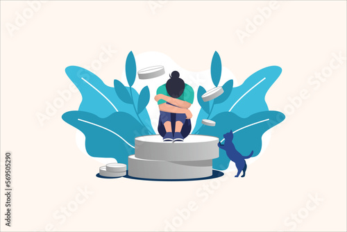 Concept of medication treating illness or disorder. Concept of antidepressants. Depressed woman is sitting on big pill. Medicine. Flat. Vector illustration.