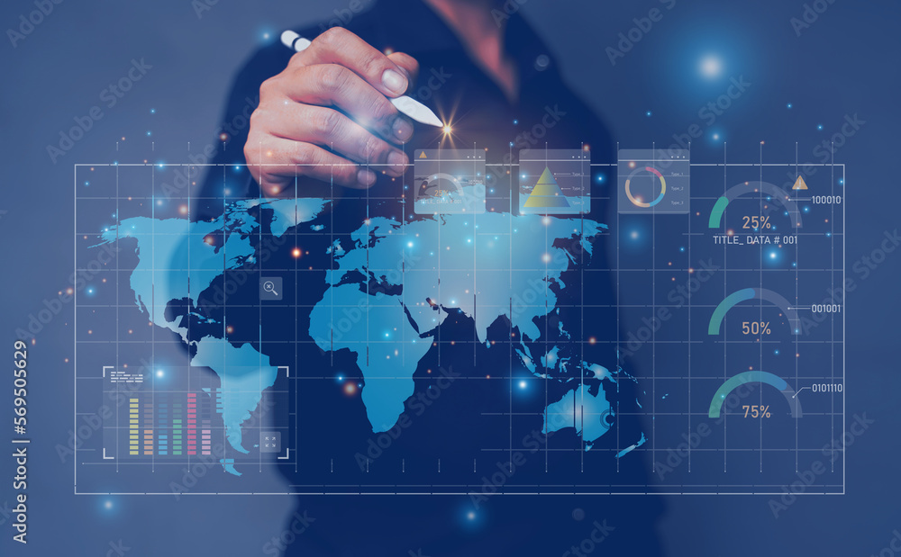 Businessman hand with pen pointing glowing abstract virtual graph mathematical formula on blue background equation concept digital data and investment mathematics to analyze the global trading market Businessman hand with pen pointing glowing abstract virtual graph mathematical formula on blue background equation concept digital data and investment mathematics to analyze the global trading market