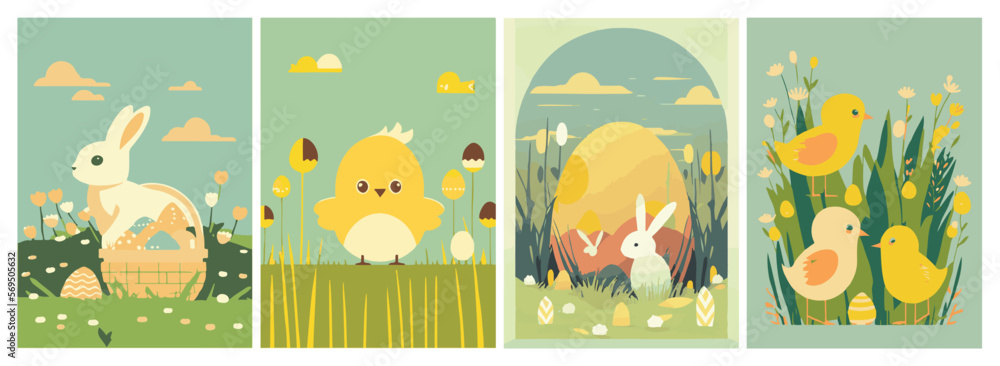 Set of Easter backgrounds. Spring morning meadow with easter bunny, basket with eggs.