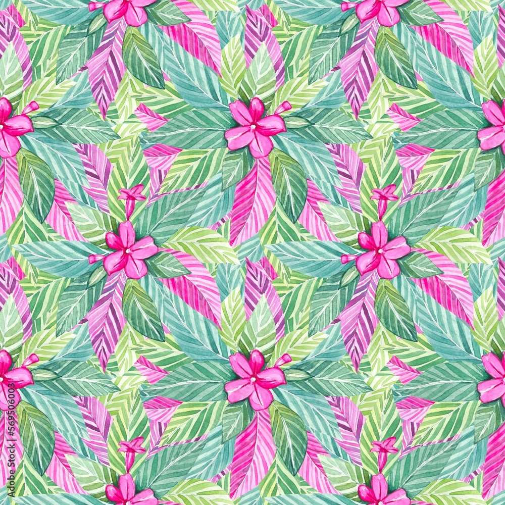 Seamless pattern with watercolor tropical leaves and flowers