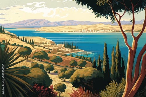 Fotografiet From Israel's Mount of Beatitudes, a panoramic view of the Kinneret Lake and the Sea of Galilee can be seen