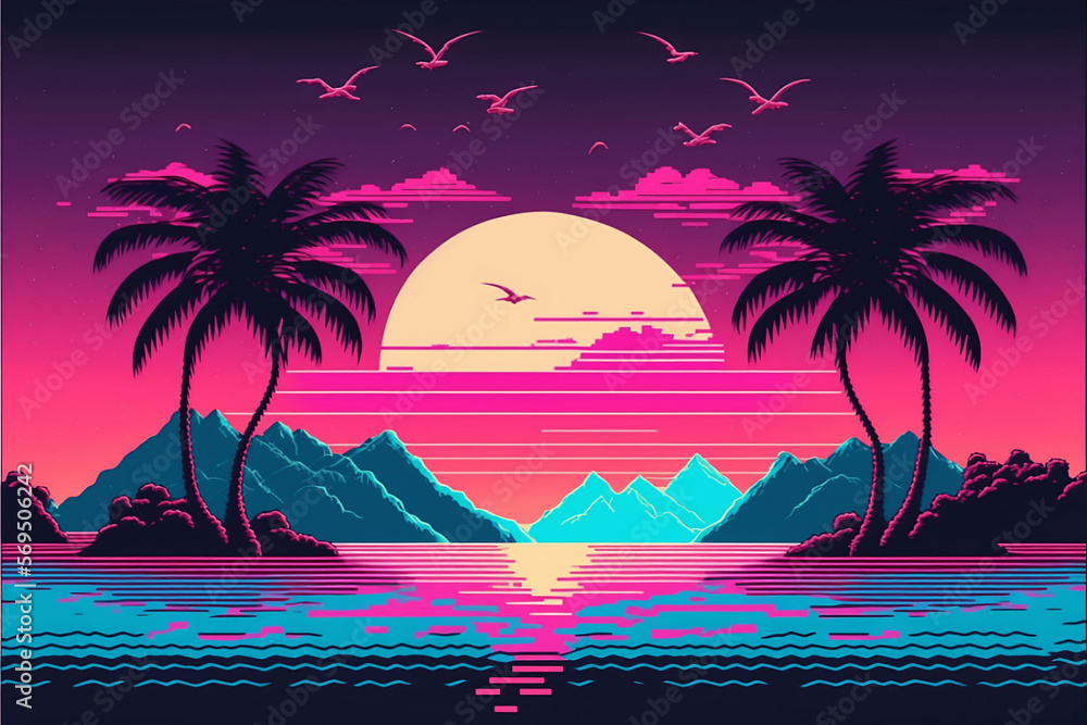Retro Sunset Insel Design / Pixel Gaming / Wallpaper
