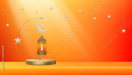 Islamic Podium with Traditional islamic lantern with Crescent moon,Star hanging on orange background, Vector Backdrop of Religion of Muslim Symbolic,Eid al fitr, Ramadan Kareem,Eid al Adha,Eid Mubarak