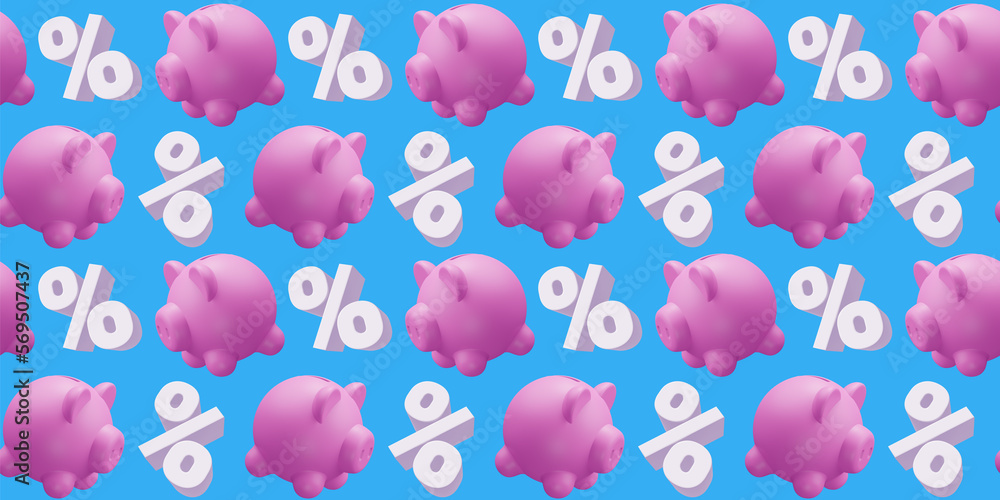 3d seamless pattern of pink piggy bank and percent sign on blue color background, time to save money. 3d design