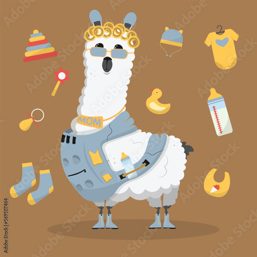 Cute funny lama cartoon alpaca mother mascot. LLama animal hand drawn vector