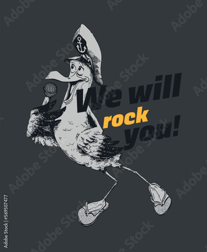 Hand drawn seagull singing in a microphone and wearing captain hat and slippers. Detailed minimal vector illustration isolated on dark background. Good for restaurants and bar illustrations