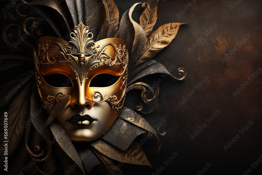 Carnival. Golden Venetian Mask. Place for text. Ai Generative.