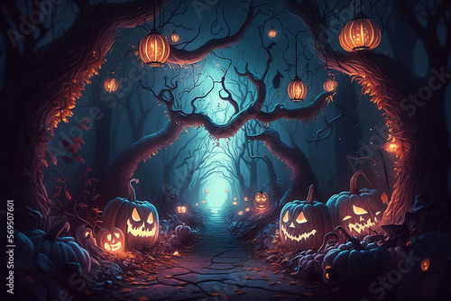 Night Magic Fantasy Forest AI Generative Art - Dark Landscape with Pumpkins, Neon, and Magic Lights