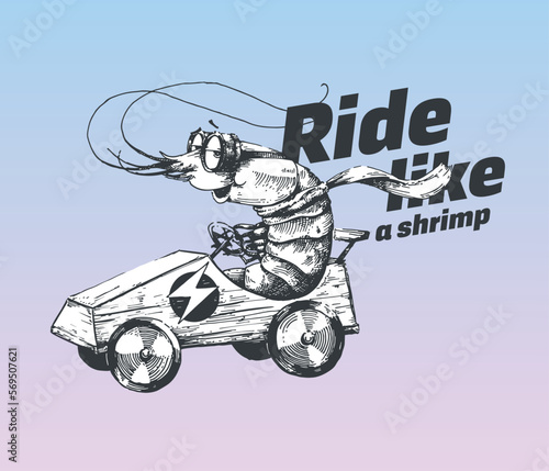 Shrimp is riding an electric go cart vector illustration. Hand drawn racer crab wearing goggles and scarf racing with fast car. Line art design for posters and cool stickers on gradient background.