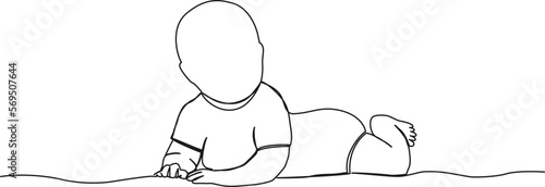 continuous single line drawing of baby or toddler lying on its stomach lifting head and upper body, line art vector illustration