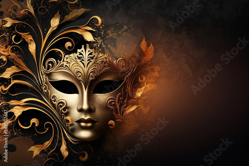 Carnival. Golden Venetian Mask. Place for text. Ai Generative.