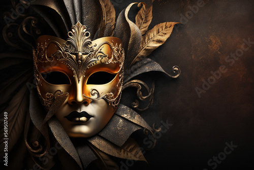 Carnival. Golden Venetian Mask. Place for text. Ai Generative. © Maxi.D "GureaMedia"